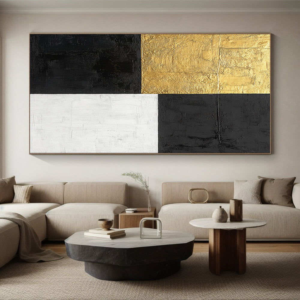 Black, Gold, White with Bold Squares "Minimalist Impact" Abstract Painting On Canvas HB009