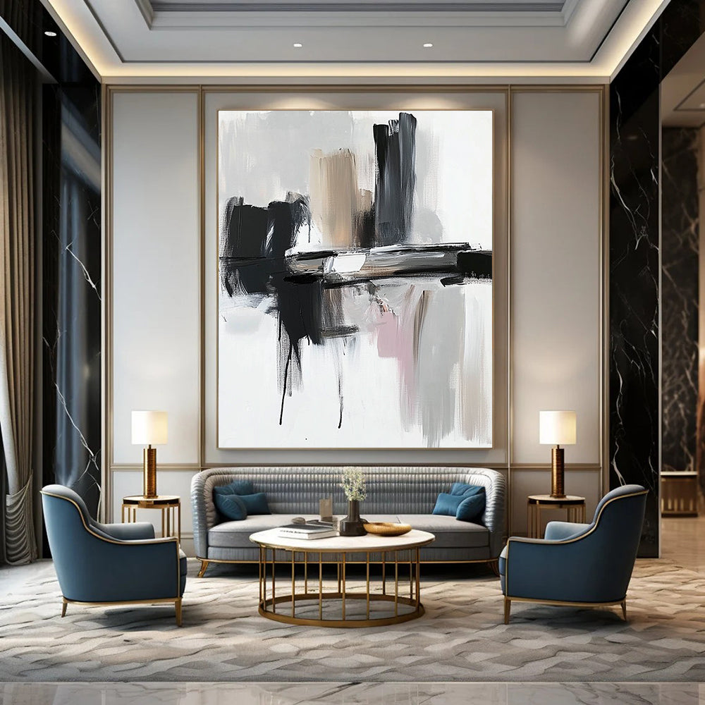Contemporary abstract painting featuring thick brushstrokes in black and gray against a white backdrop showcasing dynamic shapes and textures. DLZ0772