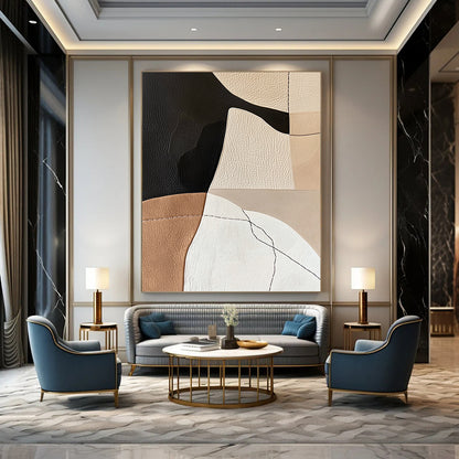 Contemporary abstract artwork with minimalist Japandi design featuring leather and paper collage in neutral earthy tones and feminine hand-stitched details. DLZ1619