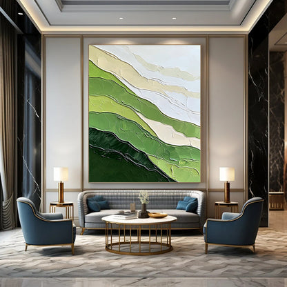 Contemporary hand-painted abstract artwork featuring textured green mountains and minimalist design against a white background evokes tranquility and natural beauty. DLZ0599