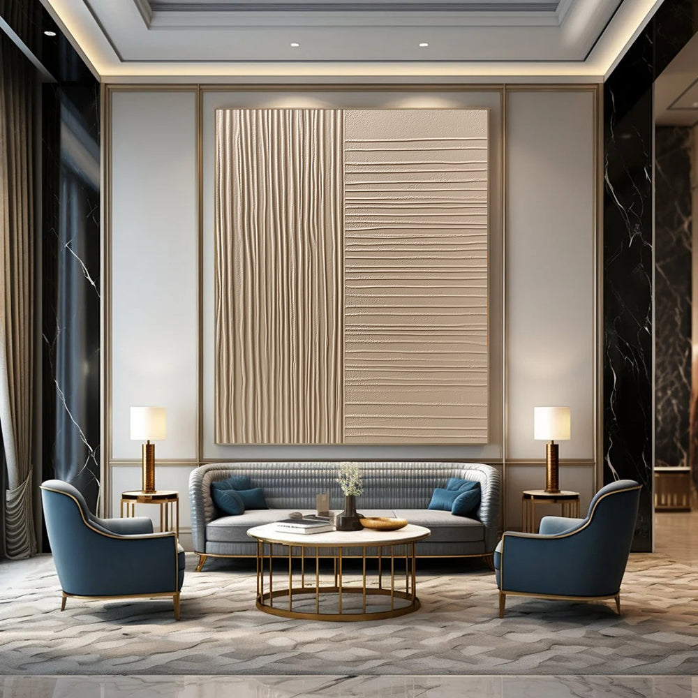Contemporary hand-painted abstract art features beige wall cladding with smooth textured panels showcasing vertical grooves and flat surfaces for a sophisticated aesthetic. DLZ1532
