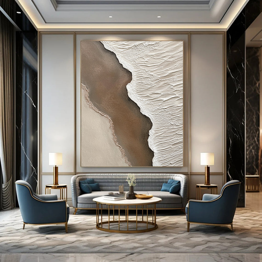Contemporary abstract artwork highlighting textured sand and water at the beach with intricate details in brown and white creating a serene coastal atmosphere. DLZ1210