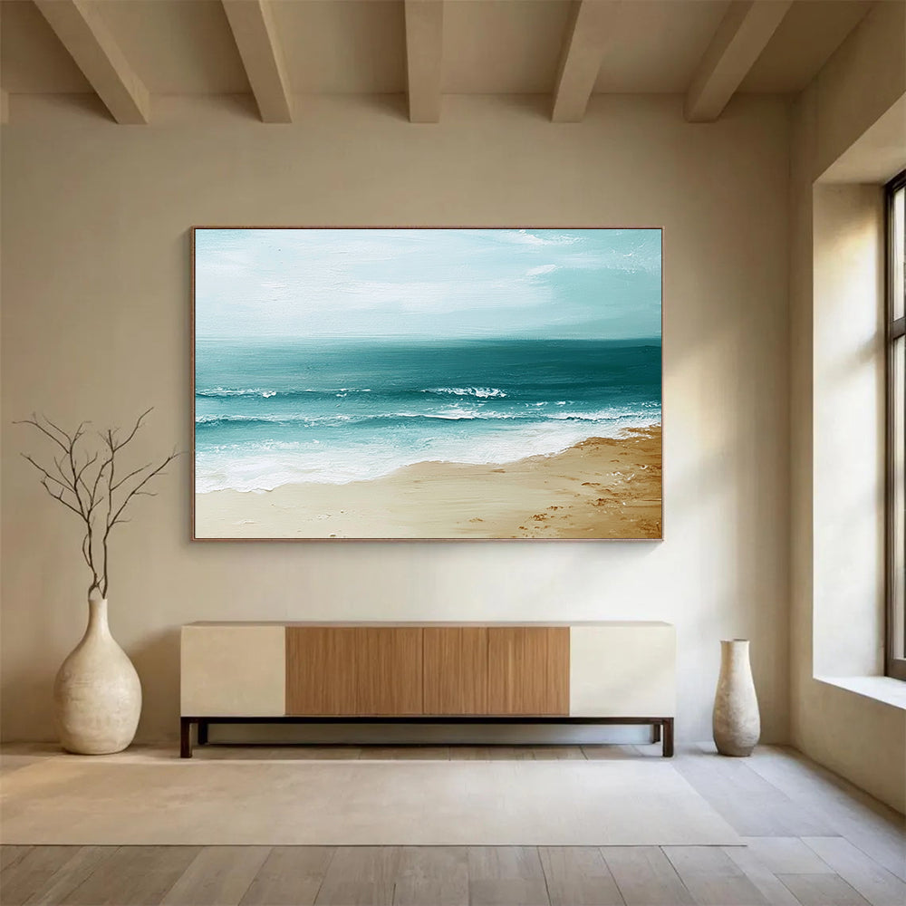 “Serene Seashore” - Blues, Browns, Whites, Calm Beach - Minimalist Acrylic Painting HB1599