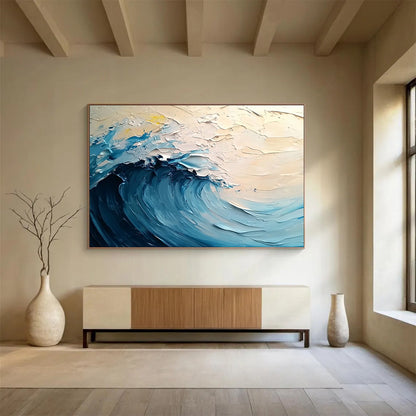 Impasto Blue Wave on Light Background - Coastal Impressionist Painting On Canvas HB0505