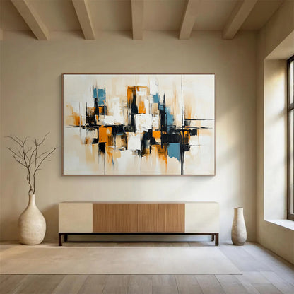 “Neutral Urban Abstraction” - Beige, Black, White, Abstract Minimalist Cityscape Painting On Canvas HB1081