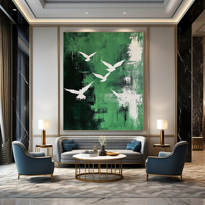 Contemporary abstract painting featuring white birds in an emerald sky with dynamic brushstrokes and textured expressions on canvas. DLZ0669