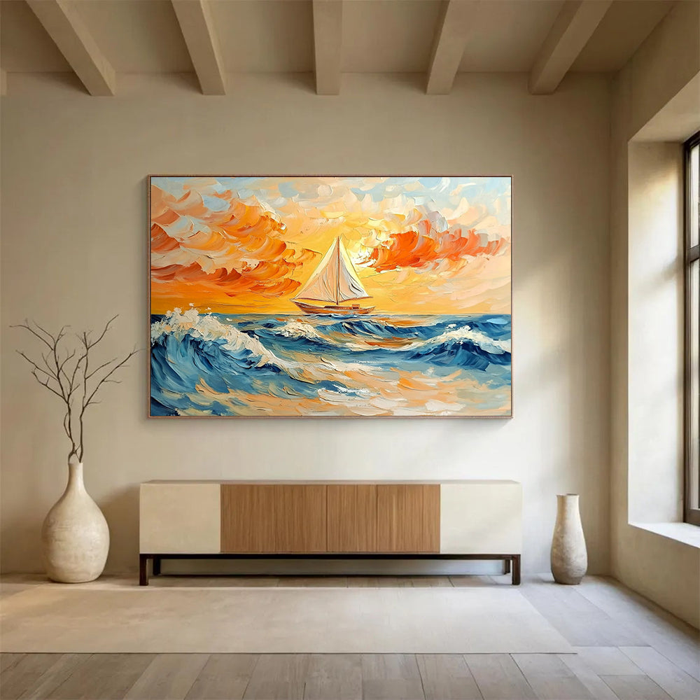 Sailboat on a Colorful Sea at Sunset - Expressive Impasto Seaside Painting On Canvas HB0445
