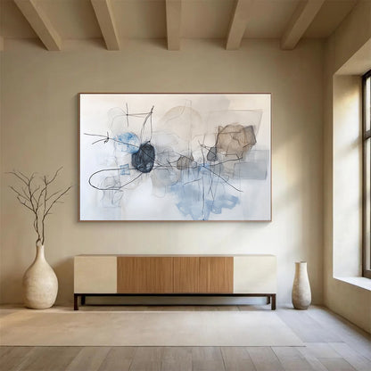 “Linear Abstract in Blue Gray” - Blue, Gray, Black with Dynamic Lines - Painting On Canvas HB1366