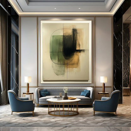 Contemporary hand-painted abstract art featuring organic shapes in green and beige on a textured white canvas with thin black lines and earth tones. DLZ1582