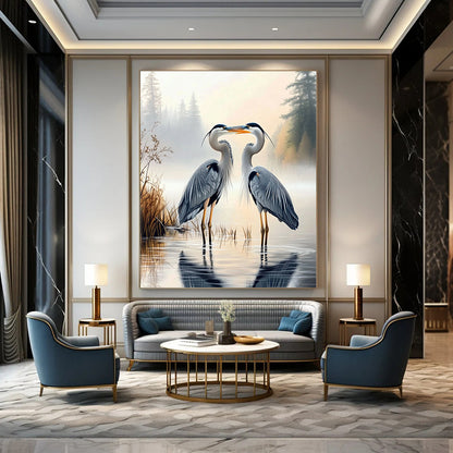 Contemporary hand-painted abstract art capturing two herons on a foggy lake with a lush forest backdrop, perfect for elevating any space. DLZ1718