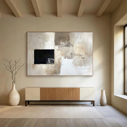 “Subtle Neutrals with a Bold Black Square” - Beige, gray, white, black; Abstract neutral blocks with a black square; Oil Painting On Canvas HB1227