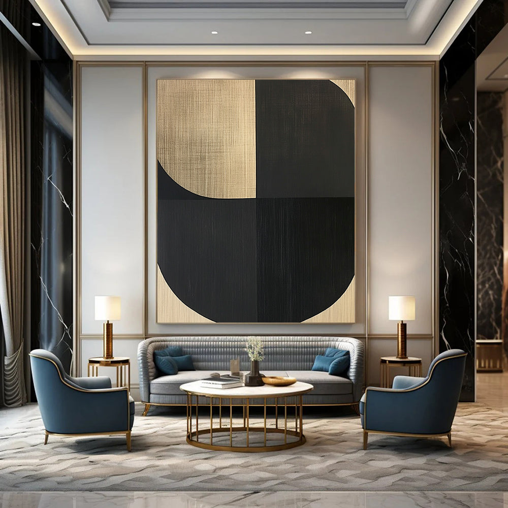 Contemporary abstract painting featuring bold shapes and simple lines on wood grain background, creating an elegant atmosphere of calm and tranquility. DLZ1535