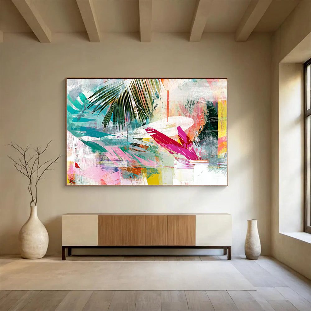 “Colorful Tropical Leaf Collage” - Colorful Palette, Tropical Leaves, Abstract Collage Painting On Canvas HB0854
