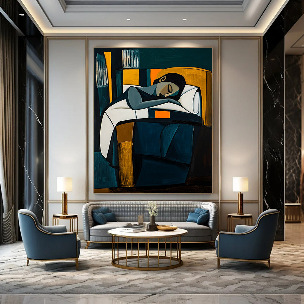 Contemporary abstract painting featuring a woman in bed with dark blue and white tones geometric shapes and vibrant orange elements against a dark green background. DLZ1525