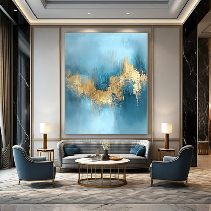 Contemporary hand-painted abstract art featuring a serene water and sky blue backdrop adorned with stunning gold foil textures. DLZ0723