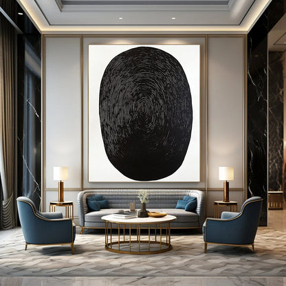 Contemporary abstract artwork featuring a black oval shape on a white background with minimal wood grain print emphasizing simplicity and elegance. DLZ1534