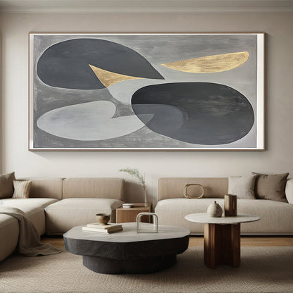 Gray, Black, Gold and Silver Geometric Abstraction "Energetic Geometry" Painting On Canvas HB399
