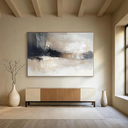 “Neutral Textured Horizon” - Gray, Beige, Black, Abstract Landscape Painting On Canvas HB1071