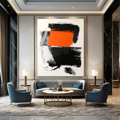 Contemporary abstract art features a striking orange square atop a bold black rectangle on a clean white background with dynamic brush strokes. DLZ1559
