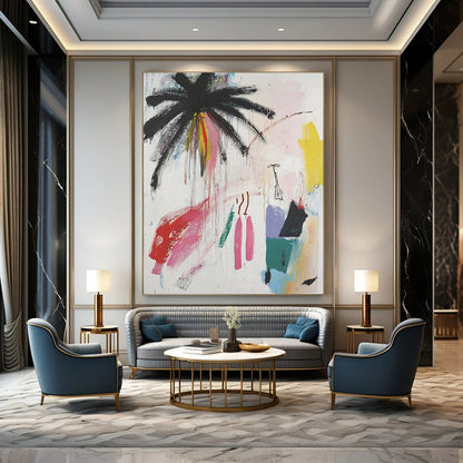 Contemporary hand-painted abstract art featuring palm trees and vibrant colors with a unique figure, blending raw strokes and minimalistic elements. DLZ0633