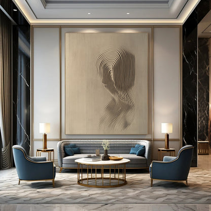 Contemporary abstract art featuring a relief carving of the female form with soft lines and curves in light beige against a neutral backdrop. DLZ1073