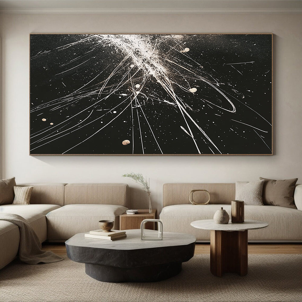 Black, White, Gold, Explosive Lines "Celestial Fireworks" Abstract Expressionist Painting On Canvas HB083
