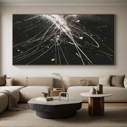 Black, White, Gold, Explosive Lines "Celestial Fireworks" Abstract Expressionist Painting On Canvas HB083
