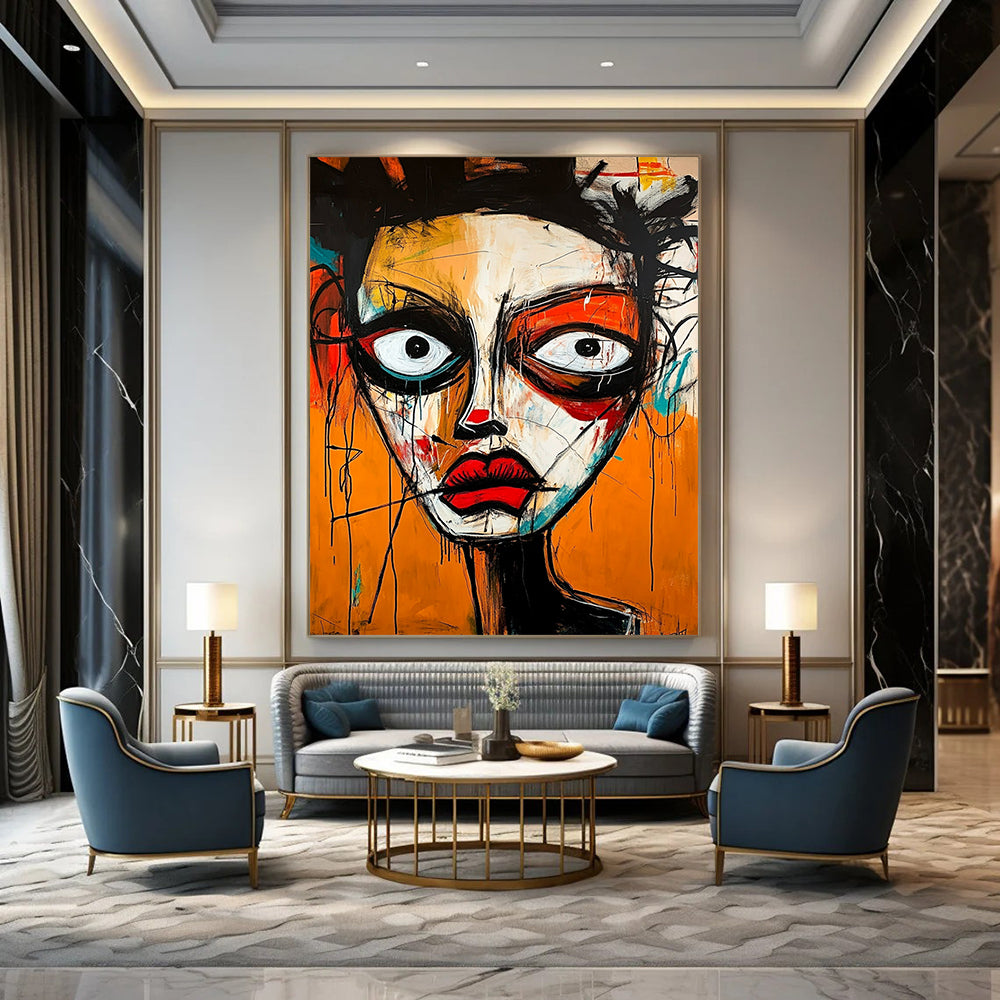 Contemporary hand-painted abstract artwork showcasing a vibrant face with strong emotions using dynamic shapes and expressive brush strokes in Basquiat style. DLZ1647