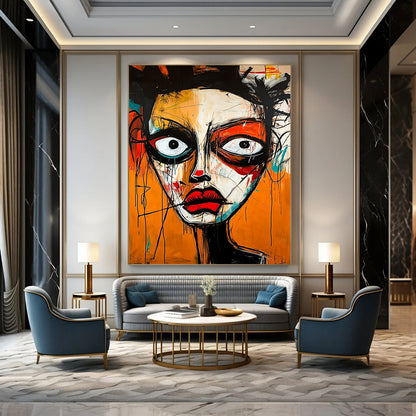 Contemporary hand-painted abstract artwork showcasing a vibrant face with strong emotions using dynamic shapes and expressive brush strokes in Basquiat style. DLZ1647