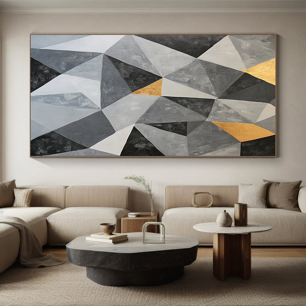 Gray, Black, White and Gold Geometric Triangles "Subtle Symmetry" Painting On Canvas HB364