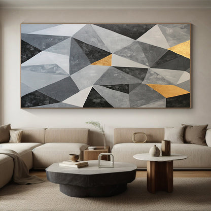 Gray, Black, White and Gold Geometric Triangles "Subtle Symmetry" Painting On Canvas HB364