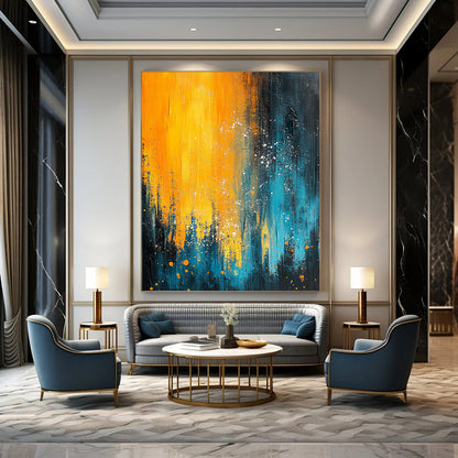 Contemporary abstract painting featuring blue and yellow hues with organic white splashes evokes nature's essence through fluid movement and depth. DLZ0353