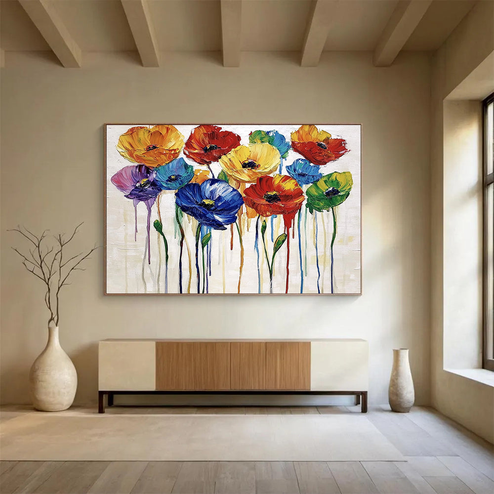 “Dripping Colorful Poppies” - Multicolor, Poppies, Dripping Paint Painting On Canvas HB0739