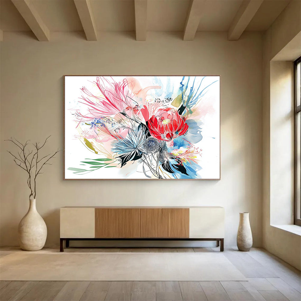 Watercolor Floral Burst - Delicate Mixed - Media Painting On Canvas HB0474