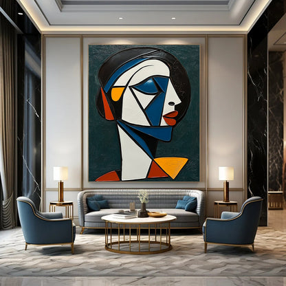 Large contemporary hand-painted abstract artwork featuring a cubist African woman with white and blue accents against a dark green background. DLZ1239