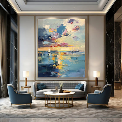Contemporary abstract painting features a serene sea with distant sailboats and ethereal sunlight, showcasing vibrant pastel reflections and visible brushstrokes. DLZ1112
