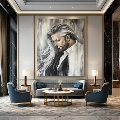 Contemporary hand-painted abstract art featuring a white horse with a flowing mane against a muted grey backdrop, capturing dynamic movement and elegance. DLZ1514