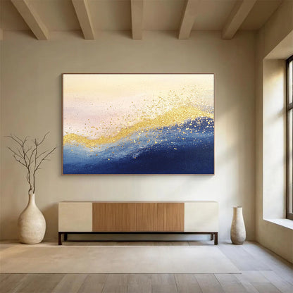 “Golden Sea Sparkle” - Blue, Gold, White, Abstract Waves - Mixed - Media Painting HB1478