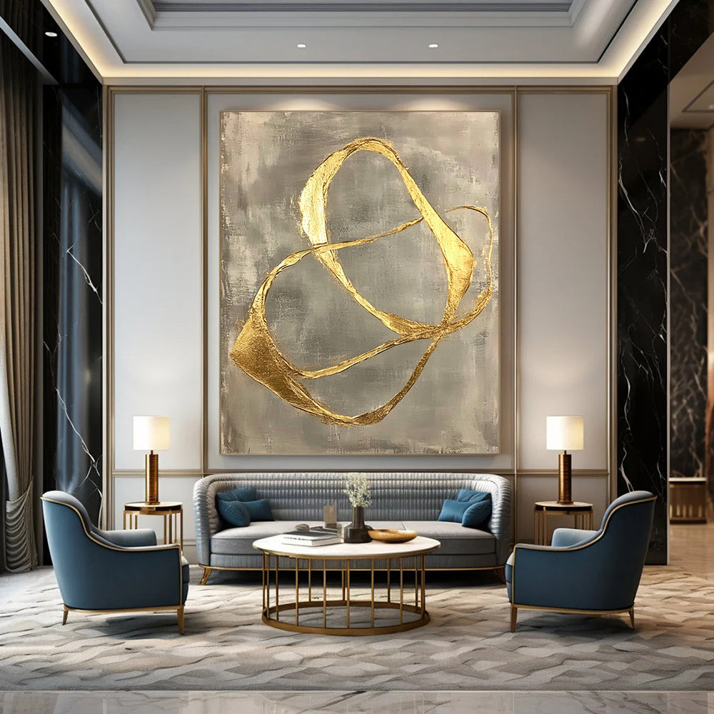 Contemporary abstract art featuring gold leaf-shaped lines on a gray background, showcasing organic forms and minimalist fluidity in a striking hand-painted design. DLZ1578