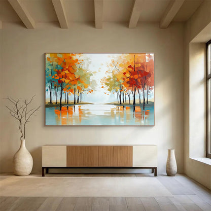 Abstract Autumn Trees Reflecting in Water - Modern Landscape Painting On Canvas HB0455