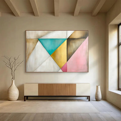“Colorful Geometric Triangles” - Beige, Teal, Gold, Pink, Geometric Abstract Painting On Canvas HB0679