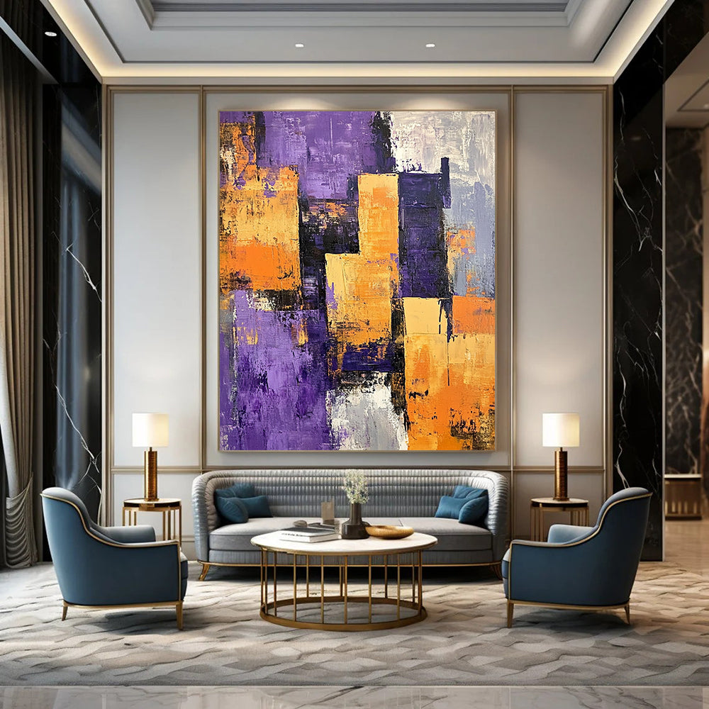 Contemporary abstract painting featuring a textured purple orange and grey cityscape with large buildings casting shadows across vibrant layers. DLZ0990