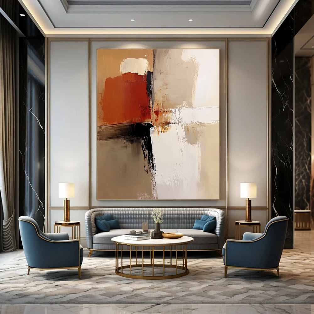 Contemporary abstract painting features a neutral color palette with beige, white, brown, and soft brush strokes for a warm artistic expression. DLZ0532