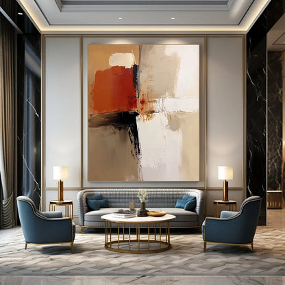 Contemporary abstract painting features a neutral color palette with beige, white, brown, and soft brush strokes for a warm artistic expression. DLZ0532