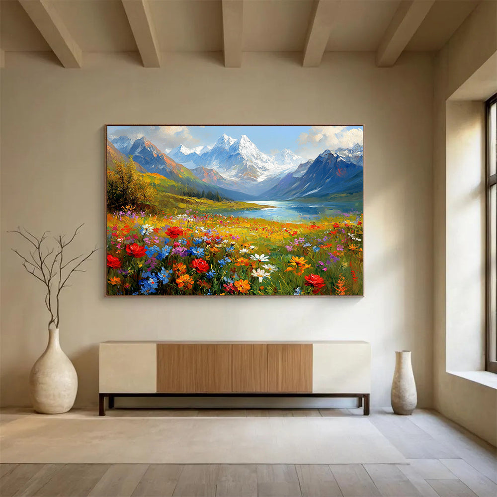 “Alpine Flower Meadow” - Colorful, Mountainous Landscape Painting On Canvas HB0689
