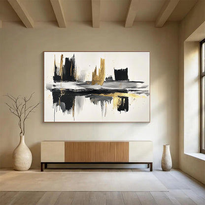 “Black - Gold Brushstroke Reflection” - Black, Gold, Reflective Abstract Cityscape Painting On Canvas HB0792