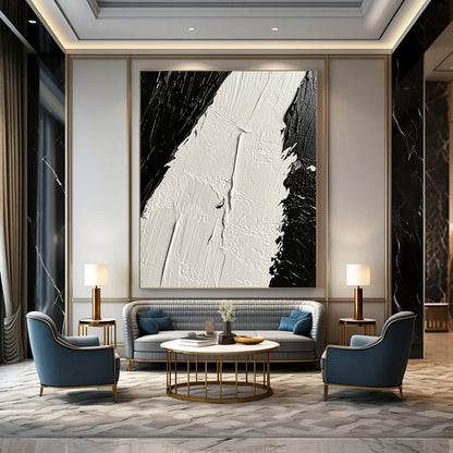 Contemporary hand-painted abstract artwork showcasing intricate white oil paint textures contrasted against deep black tones on canvas. DLZ1745