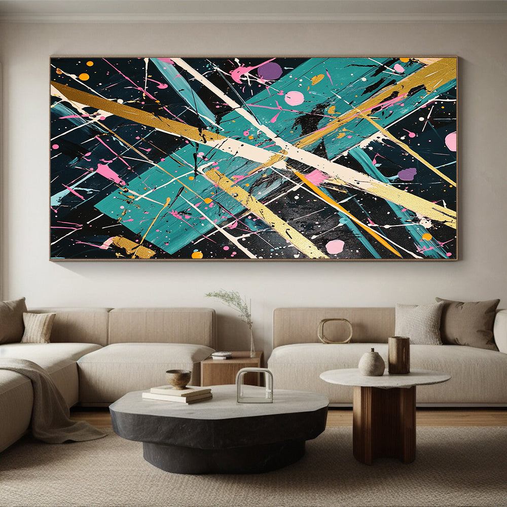 Dark Green, Gold, Pink, White, Geometric Splashes "Eclectic Fusion" Abstract Painting On Canvas HB030