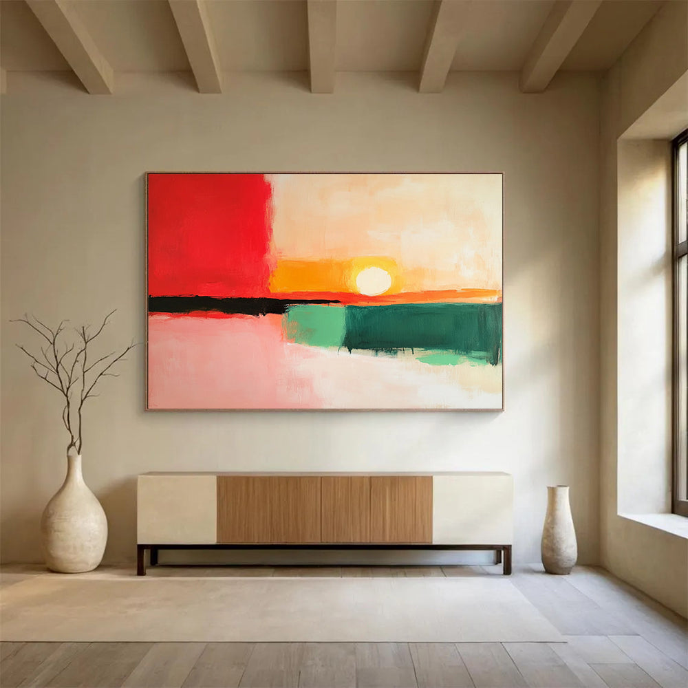 “Color Block Sunset” - Red, Orange, Yellow, Green, Pink, Minimalist Abstract Sunset Painting On Canvas HB1069