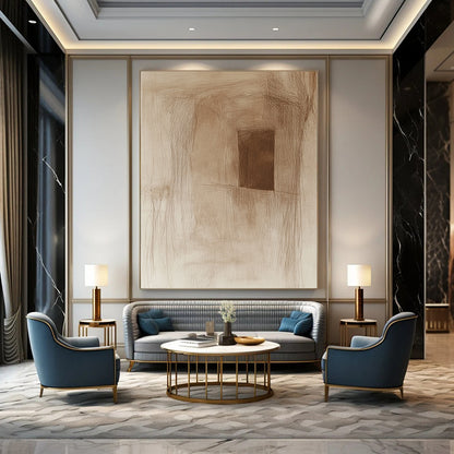 Contemporary abstract artwork features a rough pencil sketch of an ancient cave wall with a small window subtle sepia tones and simple lines. DLZ1452